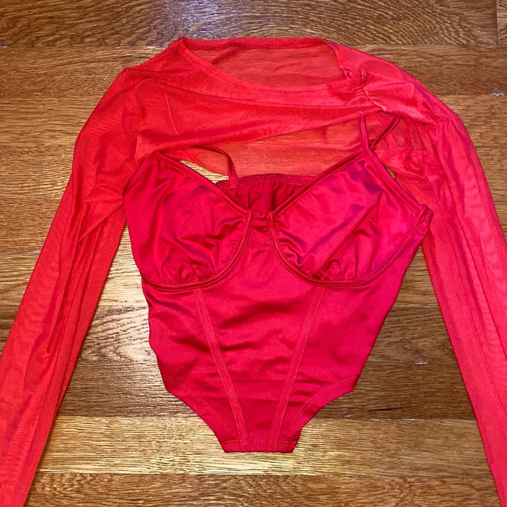 Sexy red corset top and mesh long sleeve